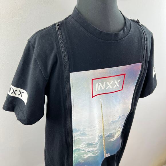 INXX Black Top Cotton Ribbed Crew Neck Graphic Front Double Zipper Size Medium M - Picture 5 of 9
